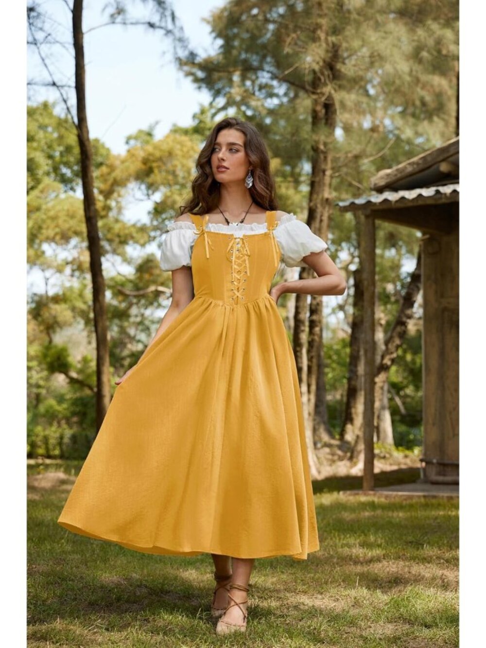 Women's Yellow Cottage Core Long Sleeveless Lace Up Imported Costume Dress - Picture 2 of 6